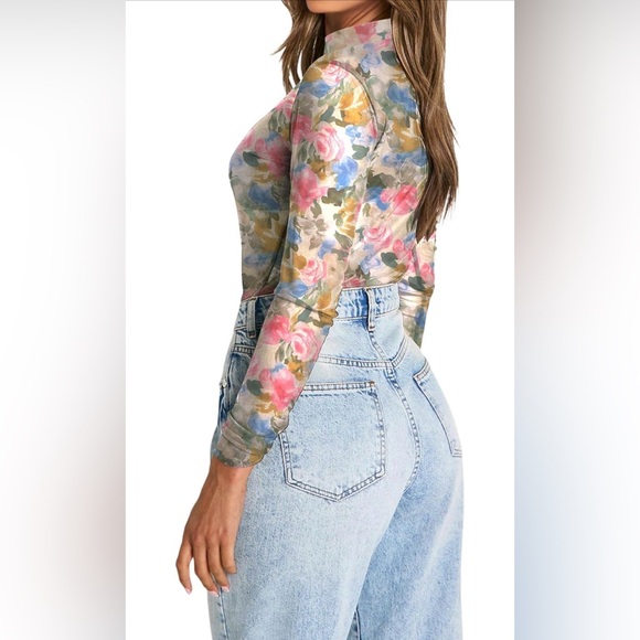 Pink Sheer Mesh Watercolor Floral High Neck, Long Sleeve Floral Mesh Top - Picture 4 of 7